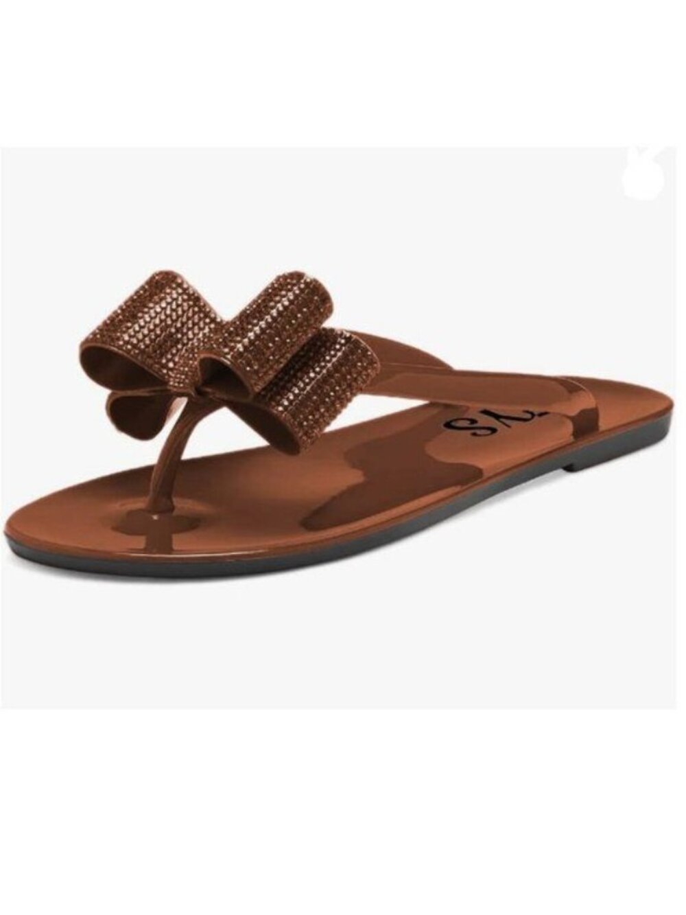 FYS Brown Jelly Thong Flat Sandal Rhinestone Bow Flip Flops Comfortable Slippers